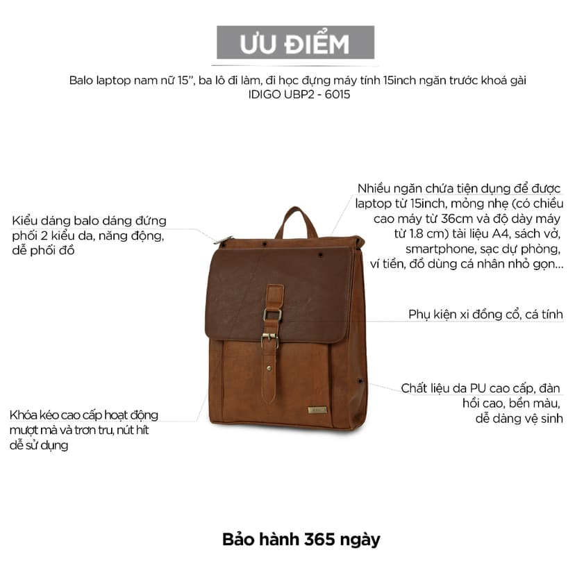 Ảnh Balo Da Nam Nữ Đựng Laptop Thời Trang Ngăn Trước Khoá Gài IDIGO UBP2 - 6015, Balo Công Sở Cao Cấp 4