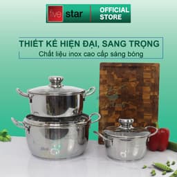 Thumbnail Bộ nồi inox 430 cao cấp Fivestar 3 đáy nắp kính dùng được bếp từ , hồng ngoại , gas , tặng 1 vá canh 3