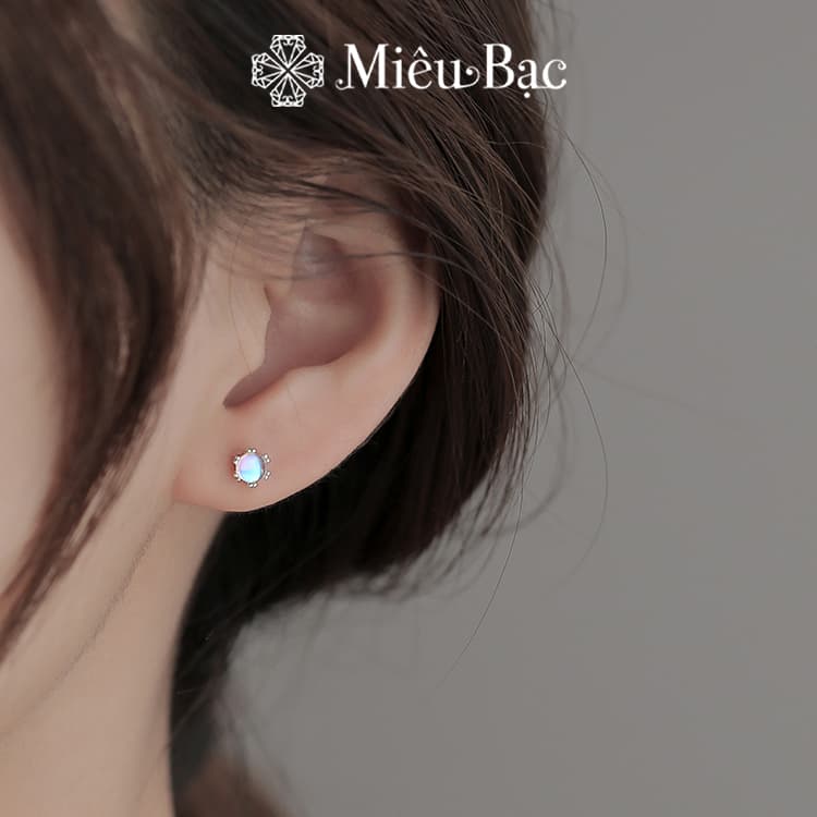 Ảnh Bông tai bạc nữ Miêu Bạc khuyên tai đính đá mặt trăng 1 chiếc moonstone chốt vặn chất liệu bạc S925 MB37 2
