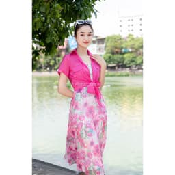 Thumbnail Đầm hoa SEFA kèm áo khoác chất liệu lụa tơ cao cấp, đầm đi biển đầm voan hoa áo sơ mi cổ đức khoác 2
