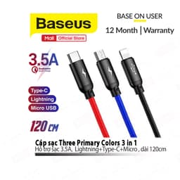 Thumbnail Cáp sạc 3in1 Baseus Three Primary Colors dùng cho Smartphone/Android/IP10/11/12 sạc nhanh 3.5A, dài 30cm/120cm 1
