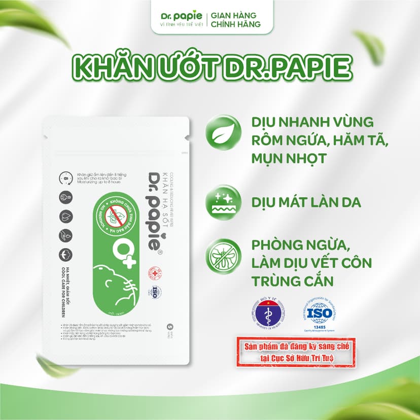 Ảnh 1 Gói Khăn Lau Hạ Sốt Tẩm Ướt Thảo Dược Dr.Papie Làm Mát Dịu Da, Vết Côn Trùng Đốt, Giảm Rôm Sảy, Mẩn Ngứa Cho Bé 1