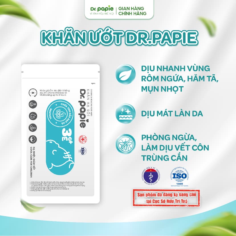 Ảnh 1 Gói Khăn Lau Hạ Sốt Tẩm Ướt Thảo Dược Dr.Papie Làm Mát Dịu Da, Vết Côn Trùng Đốt, Giảm Rôm Sảy, Mẩn Ngứa Cho Bé 2