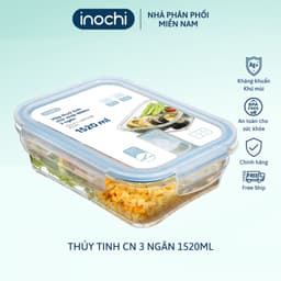 Thumbnail Hộp thủy tinh chữ nhật 3 ngăn 1520 ml, đựng thức ăn văn phòng, thực phẩm, sử dụng được trong lò vi sóng 1