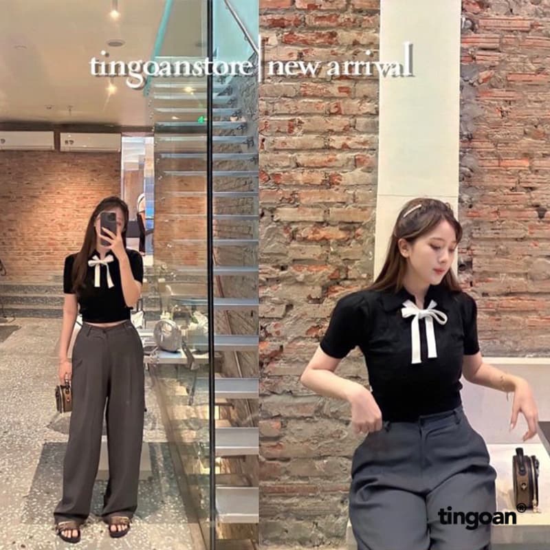 Ảnh TINGOAN® - Áo len đen crop bề mặt len hoạ tiết quả trám buộc nơ YURI YURI TOP/BL PHIÊN BẢN MỚI NHẤT T6/2024 4
