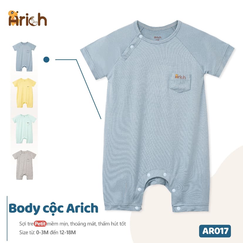 Ảnh Body cộc tay Arich vải sợi tre petit cao cấp, co giãn, mềm mịn cho bé trai bé gái size 0-18tháng 4
