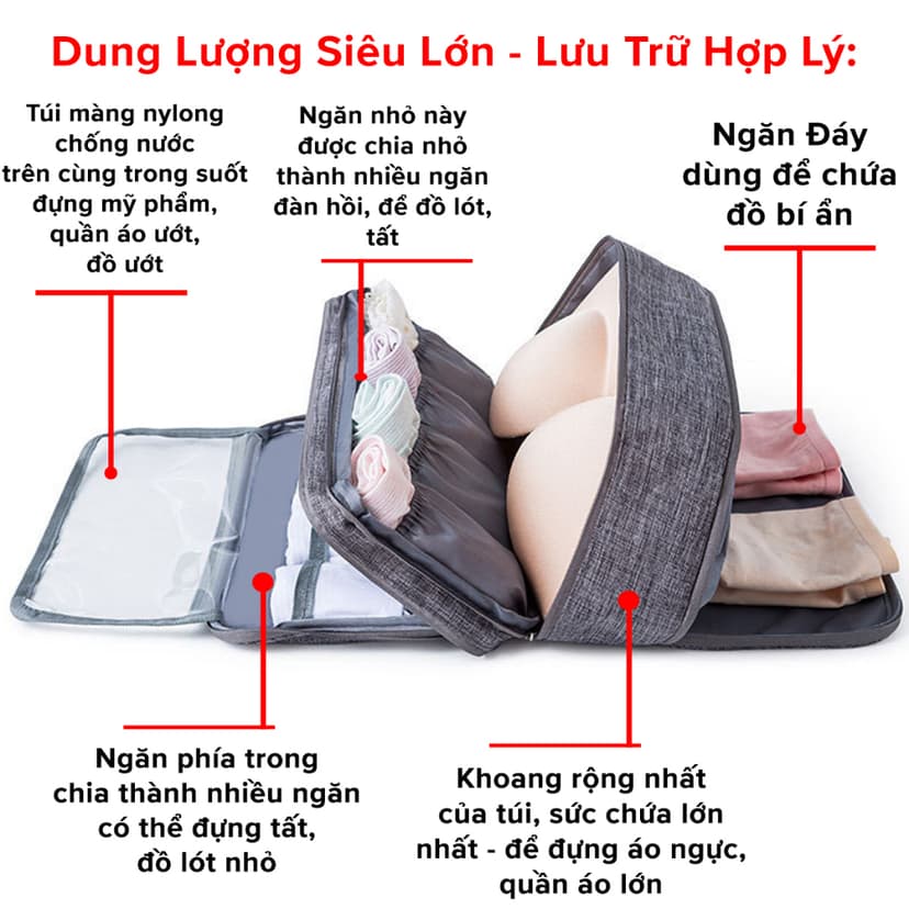 Ảnh Túi Đựng Đồ Lót, Áo Ngực, Mỹ Phẩm Tất Chống Thấm Nước Tiện Lợi Khi Đi Du Lịch Nhiều Ngăn Chọn Màu Chính Hãng Amalife 4