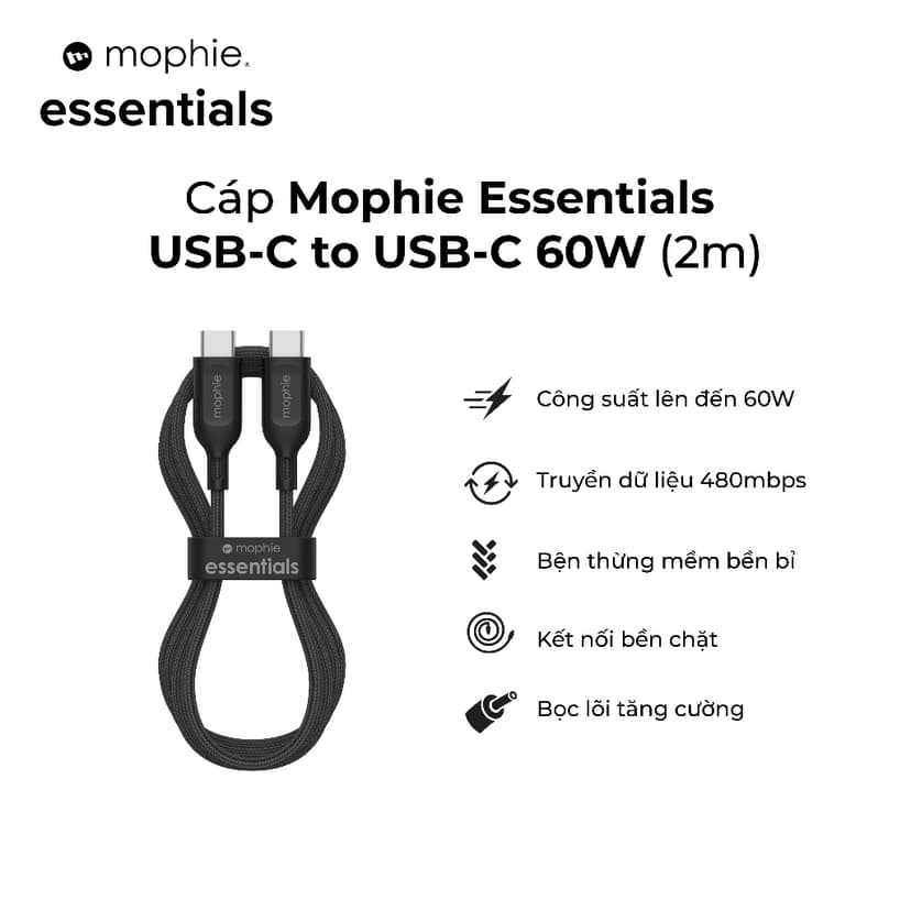 Ảnh Cáp Mophie Essentials USB-C to USB-C 60W dài 1M/2M-Sạc nhanh- sạc SamSung Android và iP 15series 3
