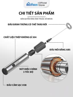 Thumbnail Máy Đánh Bọt Cà Phê Microfoam Mifan MF1501G - 3 Đầu Đa Năng, Thép không gỉ, Đế sạc USB tiện lợi - Hàng Chính Hãng 2