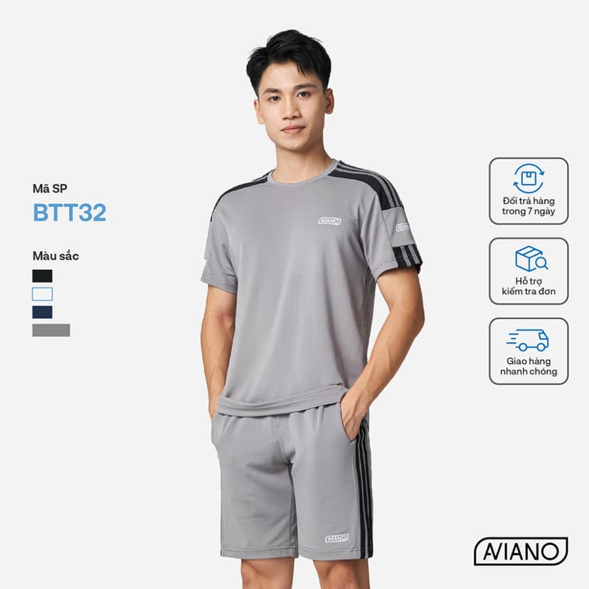 Ảnh Bộ Thể Thao Nam AVIANO Thời Trang Viền Tay Kẻ Sọc, Quần Áo Cộc Nam Cổ Tròn Cộc Tay 4
