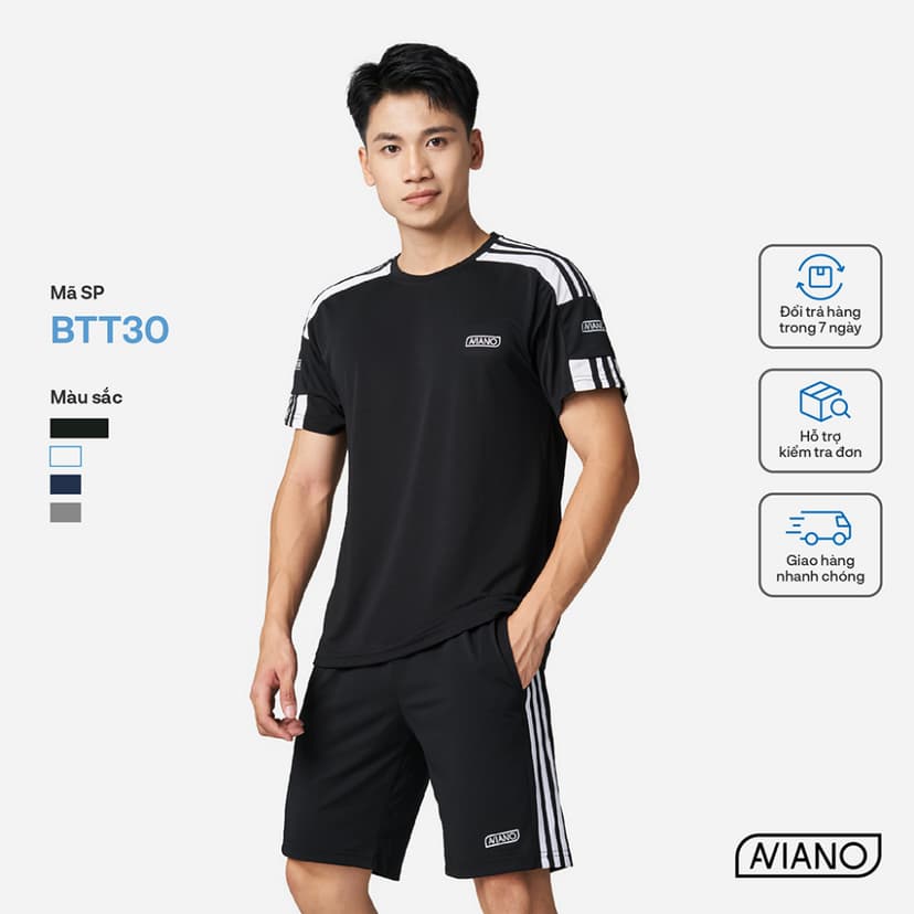 Ảnh Bộ Thể Thao Nam AVIANO Thời Trang Viền Tay Kẻ Sọc, Quần Áo Cộc Nam Cổ Tròn Cộc Tay 1