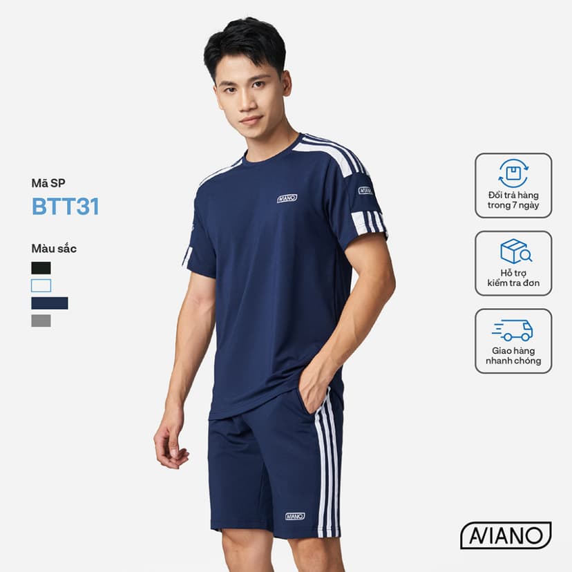 Ảnh Bộ Thể Thao Nam AVIANO Thời Trang Viền Tay Kẻ Sọc, Quần Áo Cộc Nam Cổ Tròn Cộc Tay 3