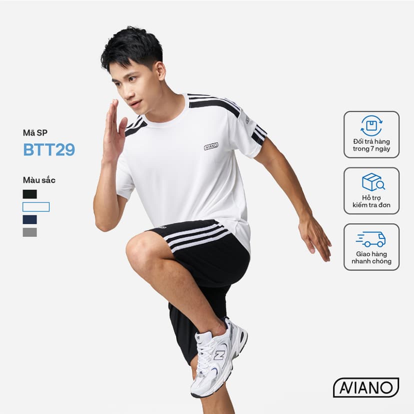 Ảnh Bộ Thể Thao Nam AVIANO Thời Trang Viền Tay Kẻ Sọc, Quần Áo Cộc Nam Cổ Tròn Cộc Tay 2