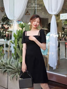 Thumbnail Đầm dự tiệc cổ vuông dáng xòe phối dây sang trọng màu đen Callene (CC324) 1