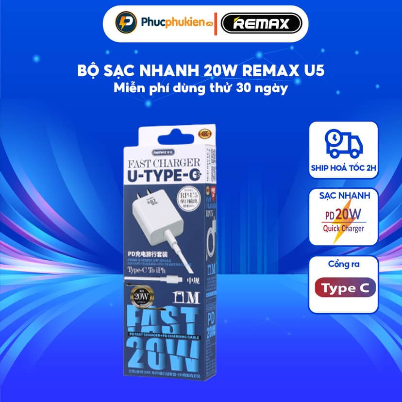 Ảnh Bộ sạc nhanh 20w + Dây sạc nhanh 20w chính hãng Remax U5 sạc đầy 50% pin chỉ trong 30p Phúc Phụ Kiện 1