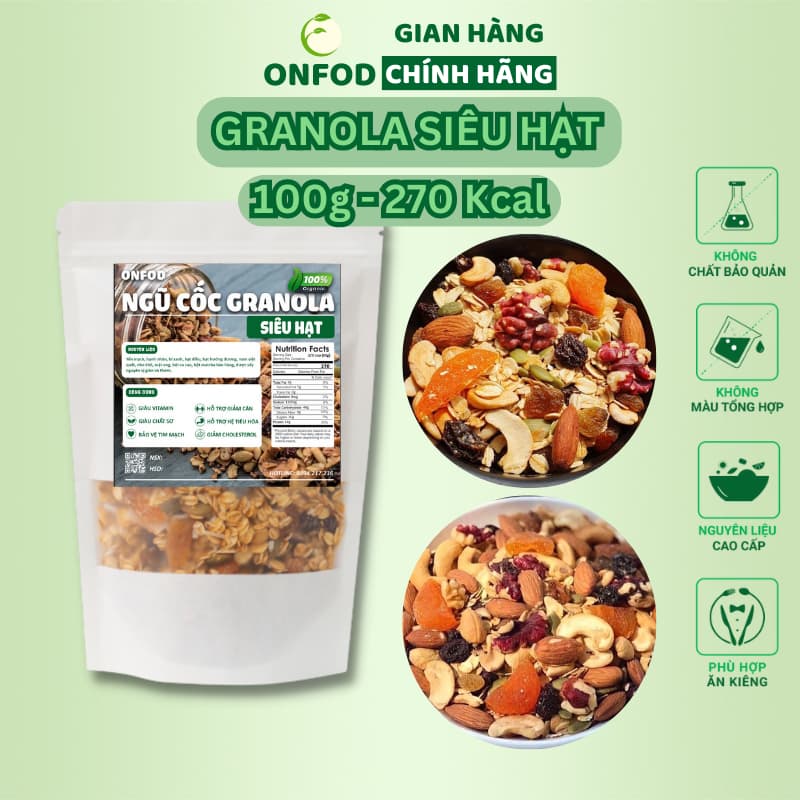 Ảnh Ngũ cốc granola siêu hạt ONFOD dành cho người tiểu đường, ăn kiêng, giảm cân, gym, yoga 250g 500g 1