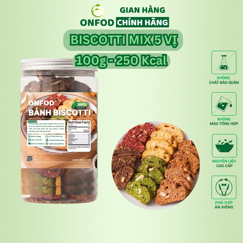 Ảnh Bánh BISCOTTI ONFOD ăn kiêng giảm cân nguyên cám không đường mix 5 vị dành cho người giảm cân eat clean, tiểu đường 1