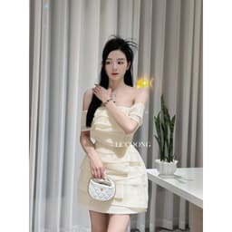 Thumbnail Váy Trễ Vai Dáng Ngắn LECOONG V464 Đầm Dự Tiệc Chất Tơ Xếp Tầng Xám Be 2