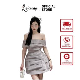 Thumbnail Váy Trễ Vai Dáng Ngắn LECOONG V464 Đầm Dự Tiệc Chất Tơ Xếp Tầng Xám Be 1