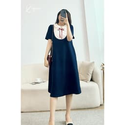 Thumbnail Váy bầu RUBIE DRESS phối nơ đính, yếm hình đan chéo kiểu dáng basic giấu bụng thiết kế by L'amme 1