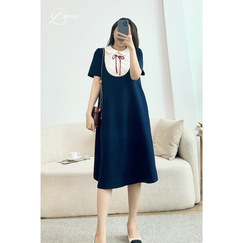 Ảnh Váy bầu RUBIE DRESS phối nơ đính, yếm hình đan chéo kiểu dáng basic giấu bụng thiết kế by L'amme 1