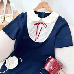 Thumbnail Váy bầu RUBIE DRESS phối nơ đính, yếm hình đan chéo kiểu dáng basic giấu bụng thiết kế by L'amme 4