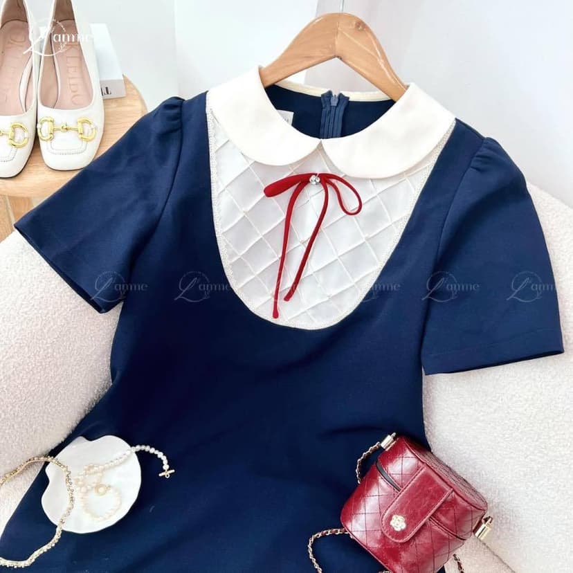 Ảnh Váy bầu RUBIE DRESS phối nơ đính, yếm hình đan chéo kiểu dáng basic giấu bụng thiết kế by L'amme 4