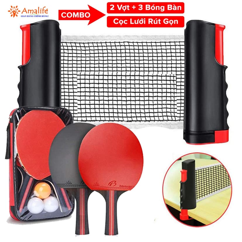 Ảnh Combo 2 Vợt Bóng Bàn Tặng Kèm 3 Quả Bóng Bàn + Kẹp Trụ Lưới Bóng Bàn Rút Gọn Nhựa ABS 1,7m Chính Hãng Amalife 1