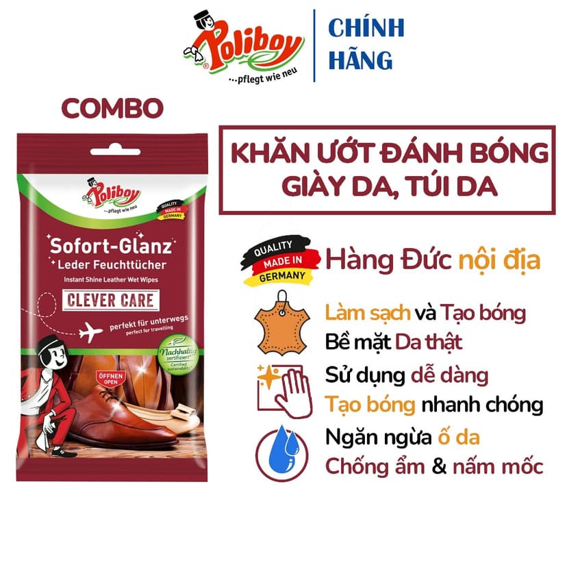 Ảnh Combo Khăn Ướt Lau Giày, Đánh Bóng Bốt Da POLIBOY Chống Mốc Túi Da, Làm Sạch Đồ Da, Dưỡng Túi Da, Gói 10 Tờ 1