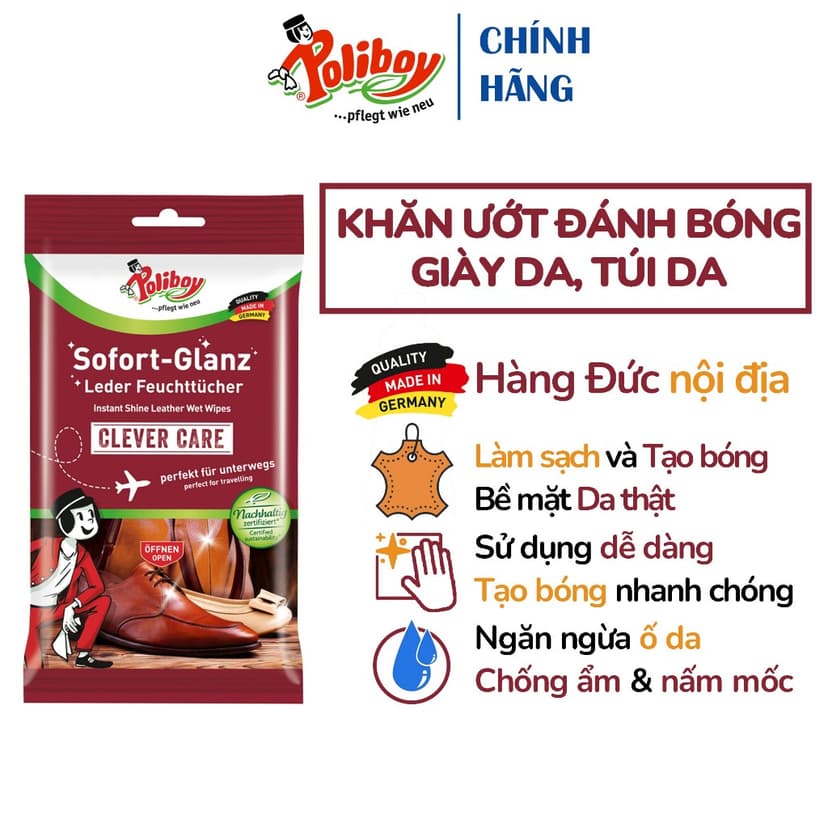 Ảnh Khăn Ướt Lau Giày, Đánh Bóng Bốt Da POLIBOY Làm Sạch Túi Da, Tẩy Mốc Giầy Da, Chống Nấm Mốc, Dưỡng Túi Da, Gói 10 Tờ 1