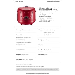Thumbnail Nồi cơm điện Cuckoo 1.8 lít CR-1021 - màu đỏ - bản quốc tế- lòng nồi chống dính- Hàng chính hãng Cuckoovina 3