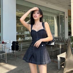 Thumbnail Đầm dự tiệc thương hiệu Đầm Váy Mina hai dây bản to dáng xoè xếp ly chất Jeans cao cấp quyến rũ trẻ trung MN245 2