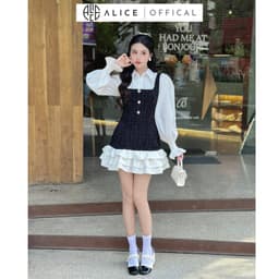 Thumbnail Set Váy Dạ Tiểu Thư ALICE Set Dạ Tweed Thiết Kế Áo Sơ Mi Tay Bo Chun Kèm Yếm Dạ Bèo Tầng, Set Yếm Dạ Váy Dài Tay S430 2