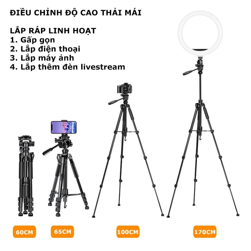 Ảnh Tripod Điện Thoại Kiêm Chân Máy Ảnh 360 Độ 3 Chân Đa Năng, Điều Chỉnh Cao Thấp, Thiết Kế Chắc Chắn Cao 170cm - HOLOCOM 3