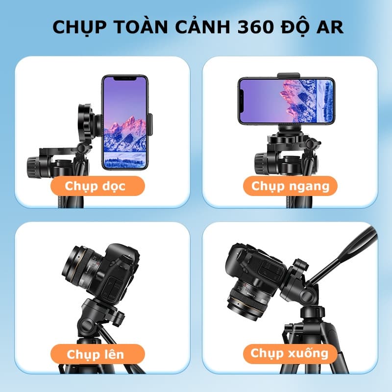 Ảnh Tripod Điện Thoại Kiêm Chân Máy Ảnh 360 Độ 3 Chân Đa Năng, Điều Chỉnh Cao Thấp, Thiết Kế Chắc Chắn Cao 170cm - HOLOCOM 4