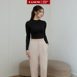 Thumbnail Áo thun nữ croptop tay dài cổ cao KAMONG chất liệu thun tăm A150 3