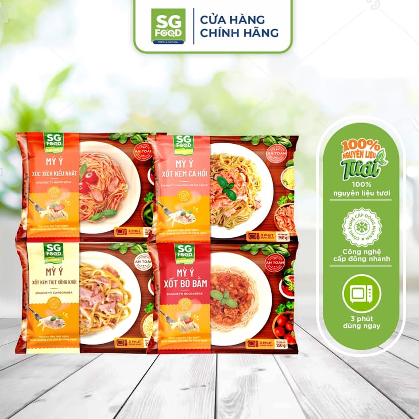 Ảnh Combo 4 Mỳ Ý SG Food 250g xốt bò bằm, xúc xích, xốt kem thịt xông khói, xốt kem cá hồi 1
