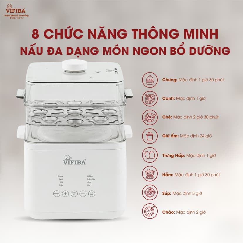 Ảnh Nồi Nấu Chậm Đa Năng VIFIBA Kèm Hấp, 8 Chức Năng Nấu, Nồi Cho Bé Ăn Dặm, Nấu Cháo, Hầm, Hấp,....VE12 4