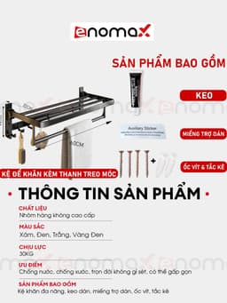 Thumbnail Kệ nhà tắm Enomax treo khăn phòng tắm dán tường. Nhôm hàng không cao cấp, dày dặn, chống gỉ. Bảo Hành 10 Năm (Eno 0134) 3