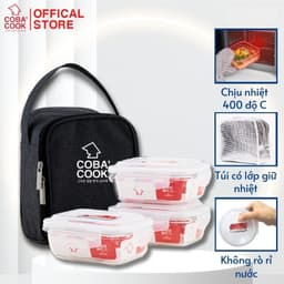 Thumbnail Bộ túi hộp đựng cơm thủy tinh chịu nhiệt COBA'COOK 3 hộp chữ nhật 370ml và 1 túi giữ nhiệt -CCL33BS 1