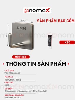 Thumbnail Móc dán tường ENOMAX chịu lực treo đồ đa năng, chất liệu Inox 304, lắp đặt không cần khoan. Bảo hành 1 năm (Eno 0207) 3