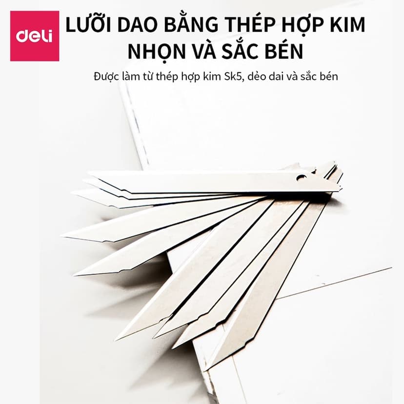 Ảnh Lưỡi Dao Rọc Giấy Deli Thép SK5 Sắc Bén, Không Rỉ, Cỡ Nhỏ Loại 13 Lưỡi - 10 Chiếc/hộp Bền Bỉ 2