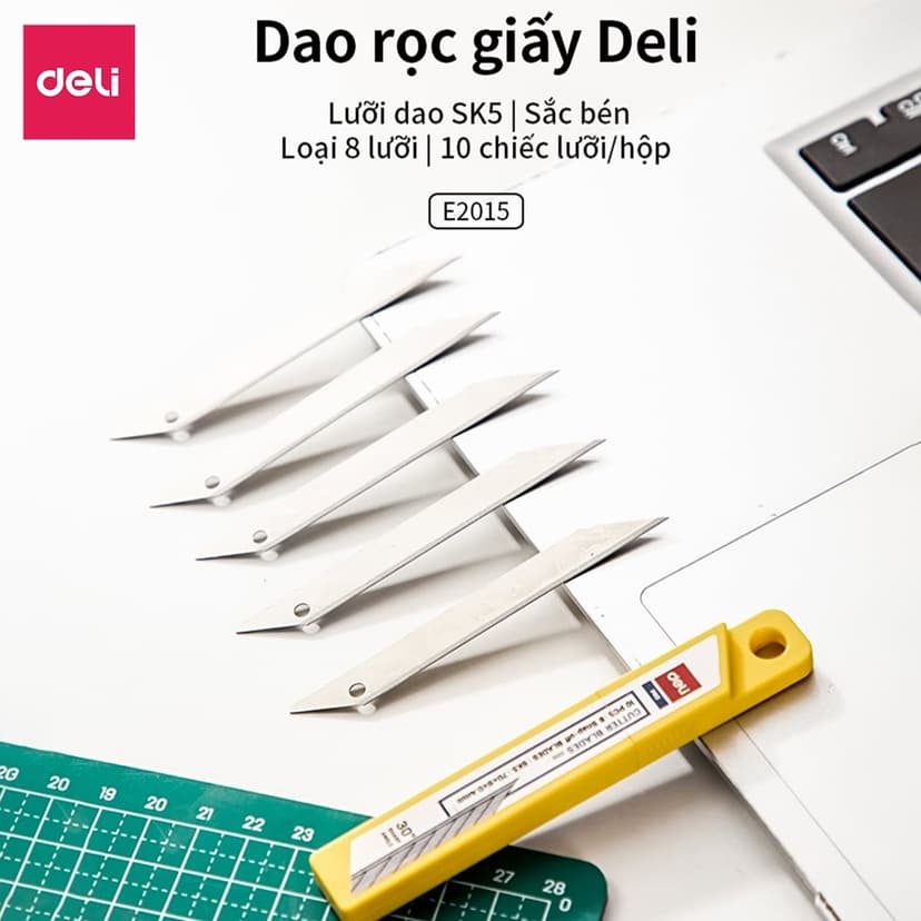 Ảnh Lưỡi Dao Rọc Giấy Deli Thép SK5 Sắc Bén, Không Rỉ, Cỡ Nhỏ Loại 13 Lưỡi - 10 Chiếc/hộp Bền Bỉ 4