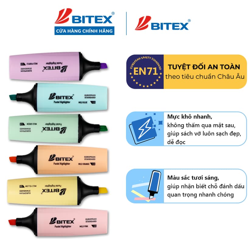Ảnh Bút dạ quang highlight Bitex HL05 màu Pastel nhiều màu 3