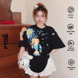 Thumbnail Áo thun FIDE TEEDY phông cotton unisex nam nữ form rộng cổ tròn áo đính gấu - AT35(TẶNG KÈM GẤU) 3