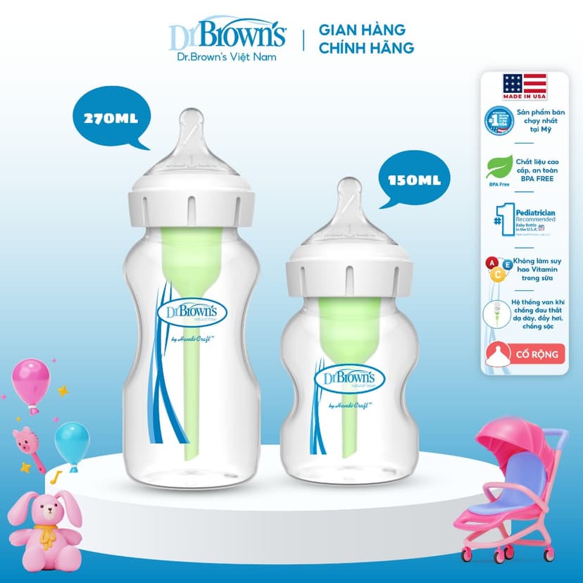 Ảnh Bình sữa Dr.Brown’ cổ rộng 150ml và 270ml nhựa pp options plus 1