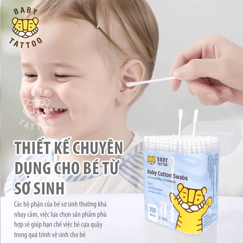 Ảnh BABY TATTOO Bông Tăm Vệ Sinh Tai Chuyên Dụng Cho Bé, Thiết Kế 2 Đầu Tiện Lợi, Hộp 200 Cây 2