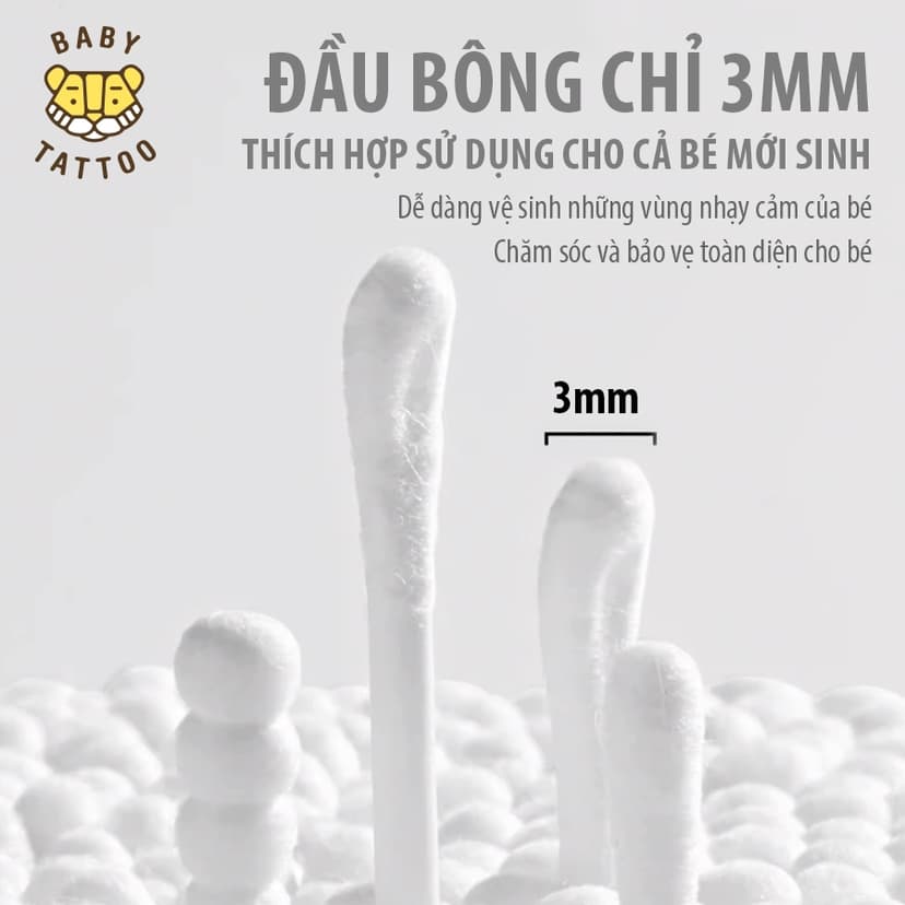 Ảnh BABY TATTOO Bông Tăm Vệ Sinh Tai Chuyên Dụng Cho Bé, Thiết Kế 2 Đầu Tiện Lợi, Hộp 200 Cây 4