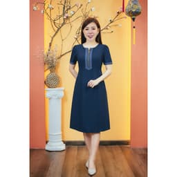 Thumbnail Đầm suông trung niên Cổ tròn tay ngắn Màu Xanh jean TTV Store thời trang nữ TTV1557 2