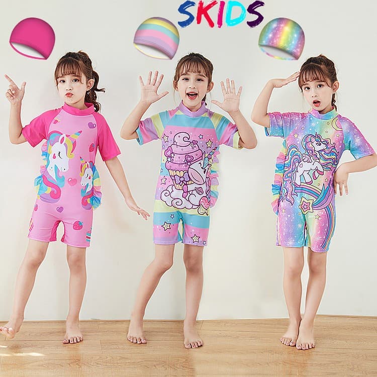 Ảnh Đồ bơi bé gái đi biển SKIDS sét đồ bơi cho trẻ em liền thân họa tiết kỳ lân tặng kèm mũ đáng yêu 1